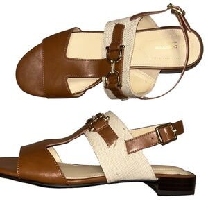 Liz Claiborne Brown Leather Canvas Sandals Size 9 Buckle Strap Low Heel